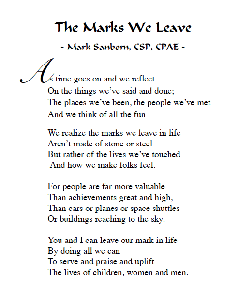 Marks We Leave Poem by Mark Sanborn